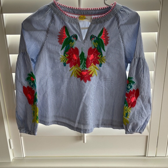 NWT Girl’s Boden Long Sleeve Blouse w/ Embroidered Parrots/Flowers - Size 9-10Y - Picture 1 of 3